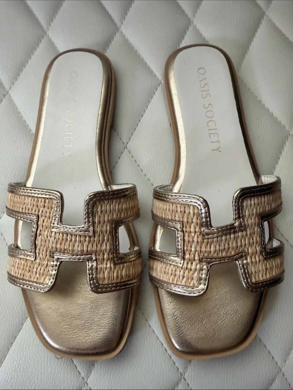 Oasis Society Gold Woven Raffia Slide Sandals